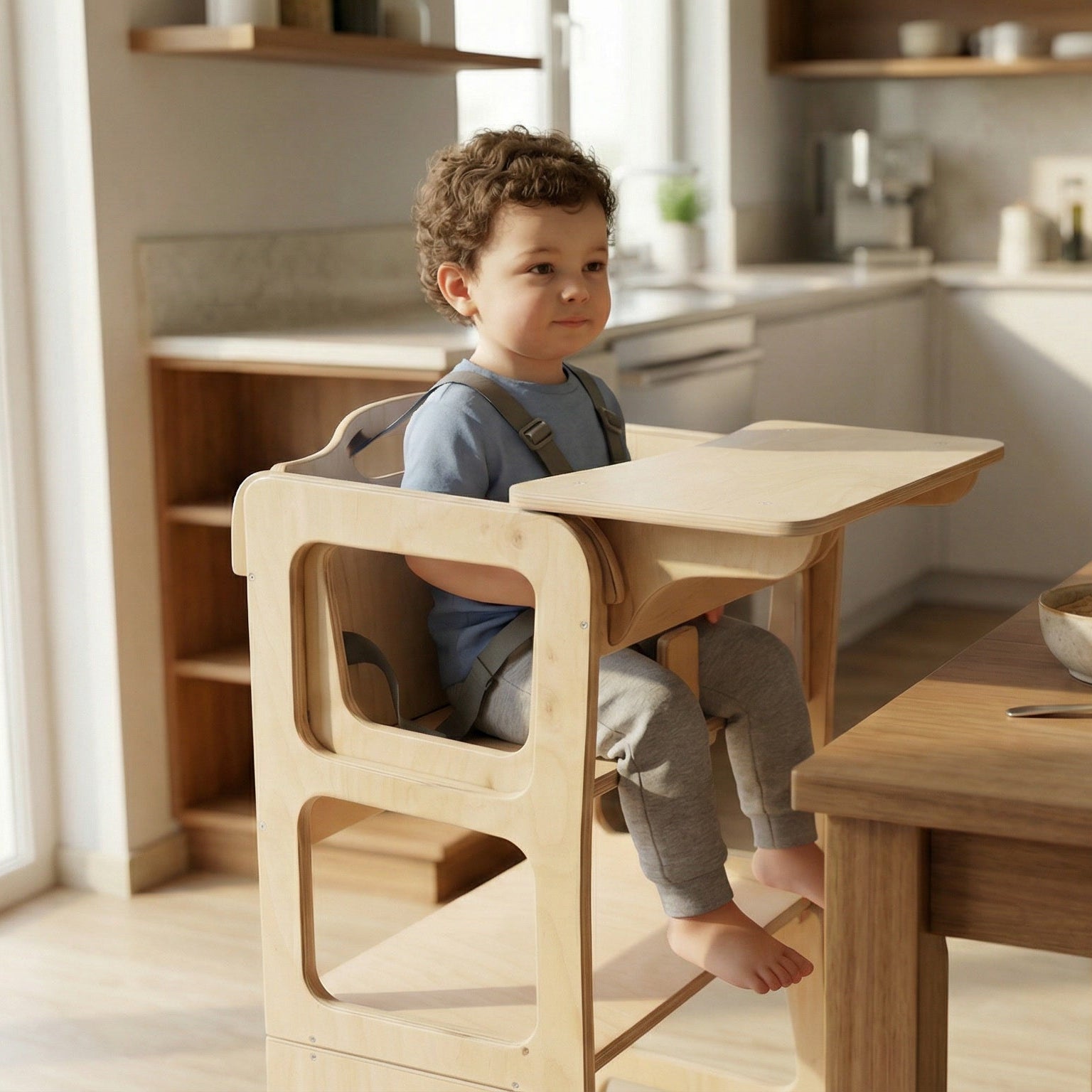 Child sitting at a small table in a modern kitchen with a bowl of cereal.