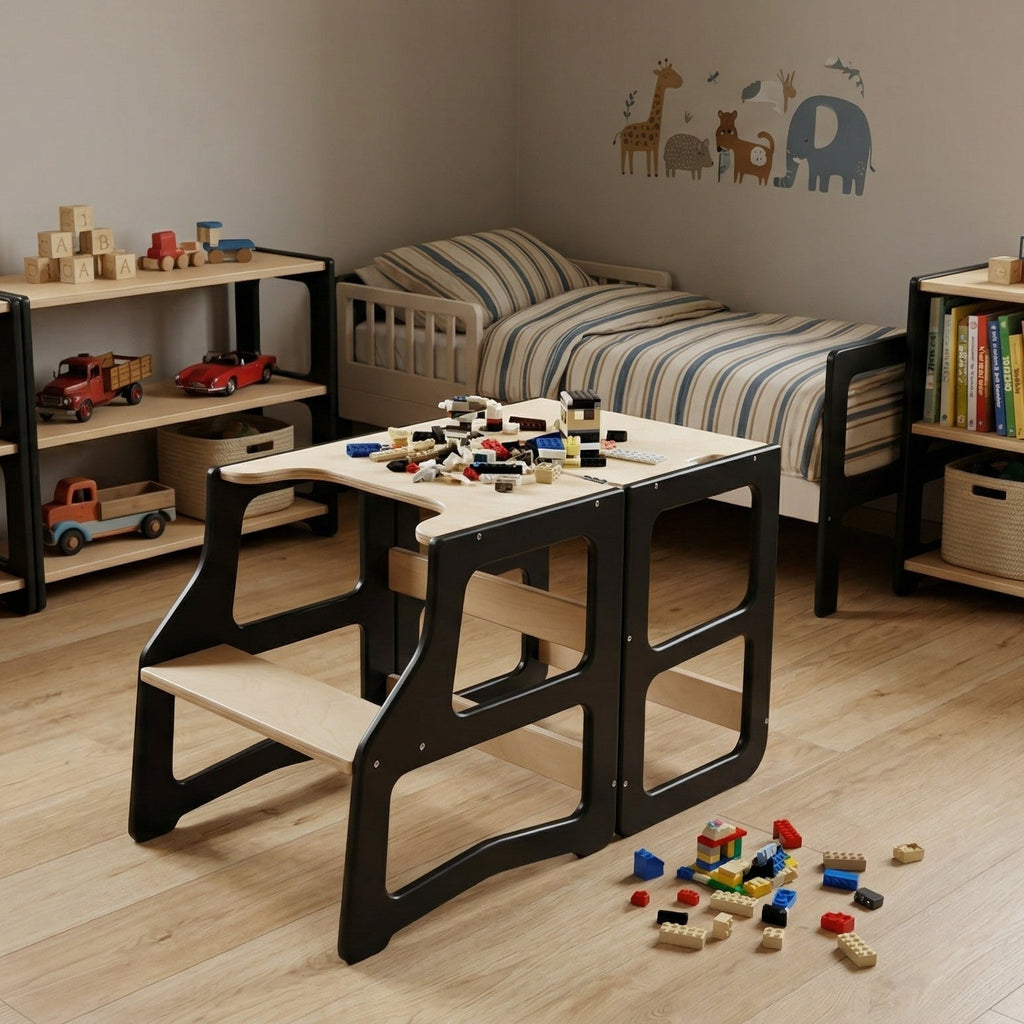 Children's room with a bed, shelves, and toys on a wooden floor.