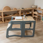 Children's classroom with educational materials on shelves and a gray step stool in the foreground.