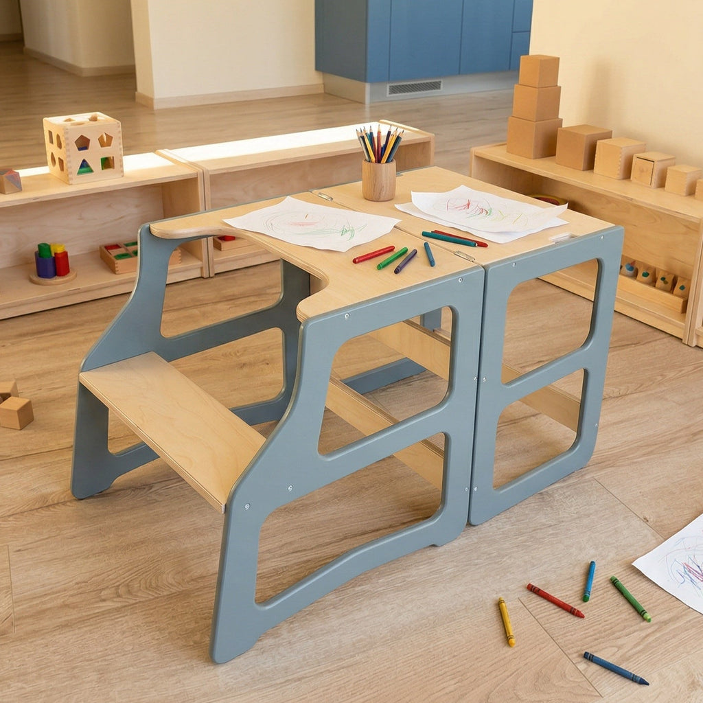 Children's playroom with a blue desk, chairs, and educational toys on a wooden floor.