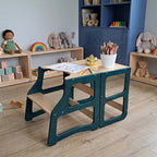 Children's playroom with educational toys and a wooden chair.