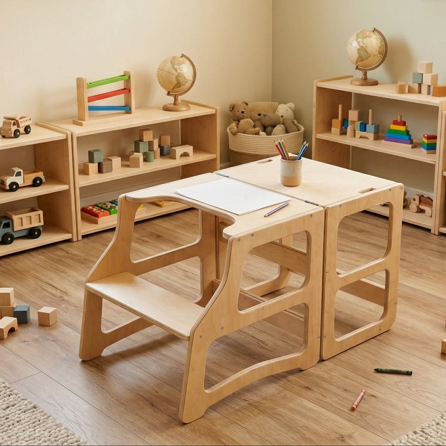 Children's playroom with wooden furniture and toys
